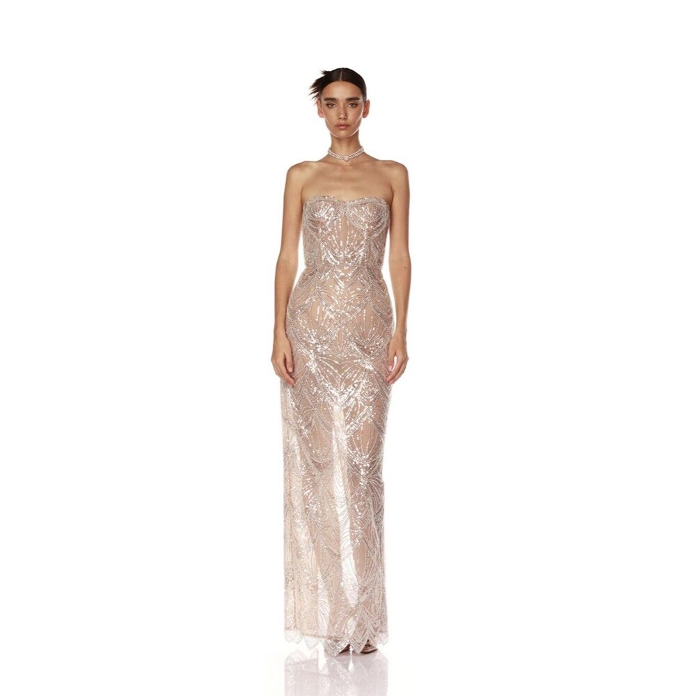 New Bronx Banco Strapless Sequin Sheath Giselle Blanc White Gown, maxi dress